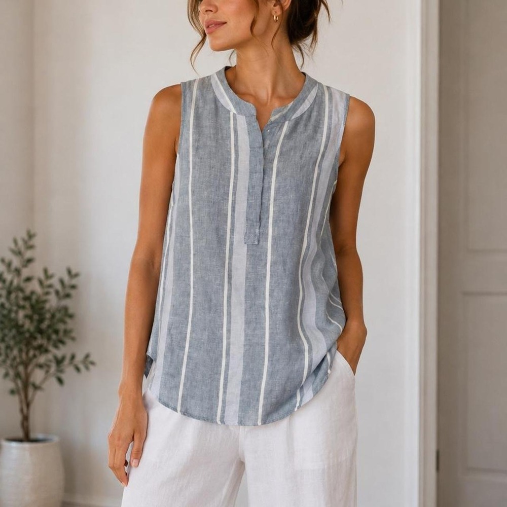 Ellen Tracy 100% Linen Striped Sleeveless Top